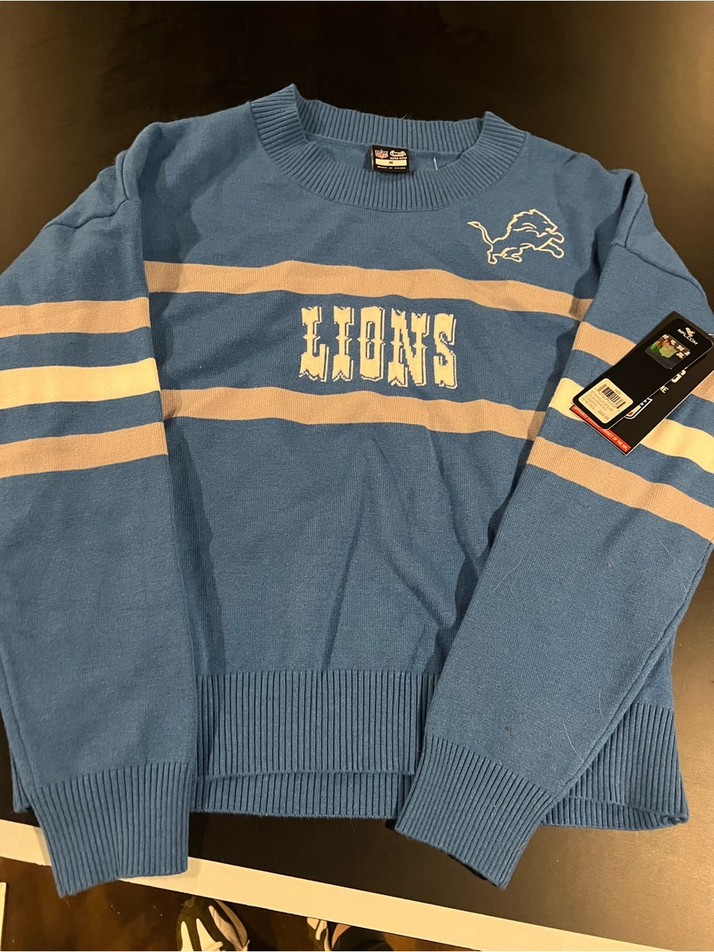 NFL Detroit Lions Light Blue Crewneck Sweater with White Stripes